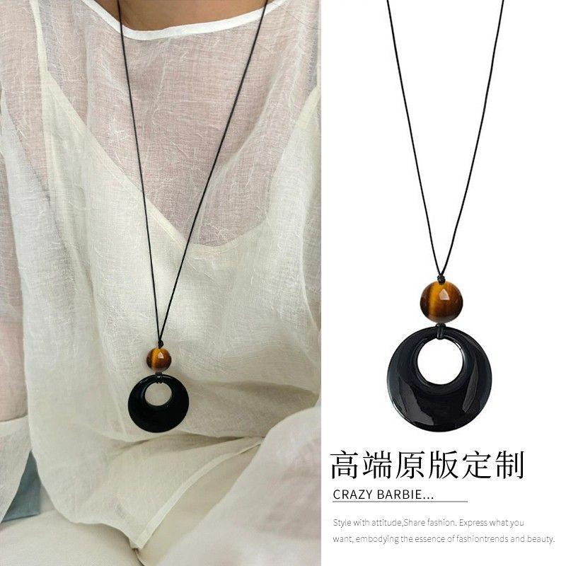 

Natural Long Pendant New Chinese Style Summer Women Black Agate Tiger s eye stone + black agate necklace