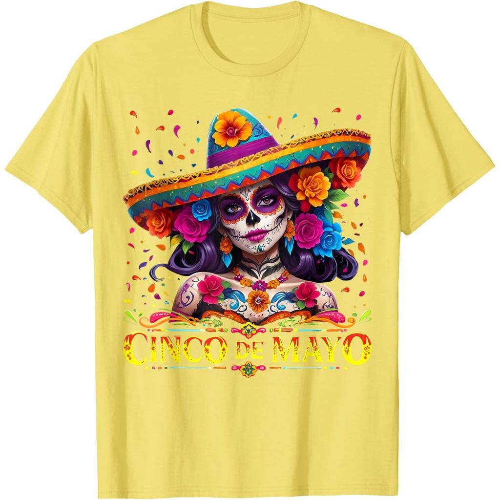 Cinco De Mayo Sugar Skull Women Sombrero Graphic T-Shirt Casual Cotton Tee