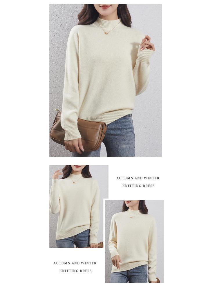 Women's Light Luxury Wool Pullover – Half-High Collar, Thick Knit, Loose Fit, 100% Wool, Perfect for Autumn/Winter.