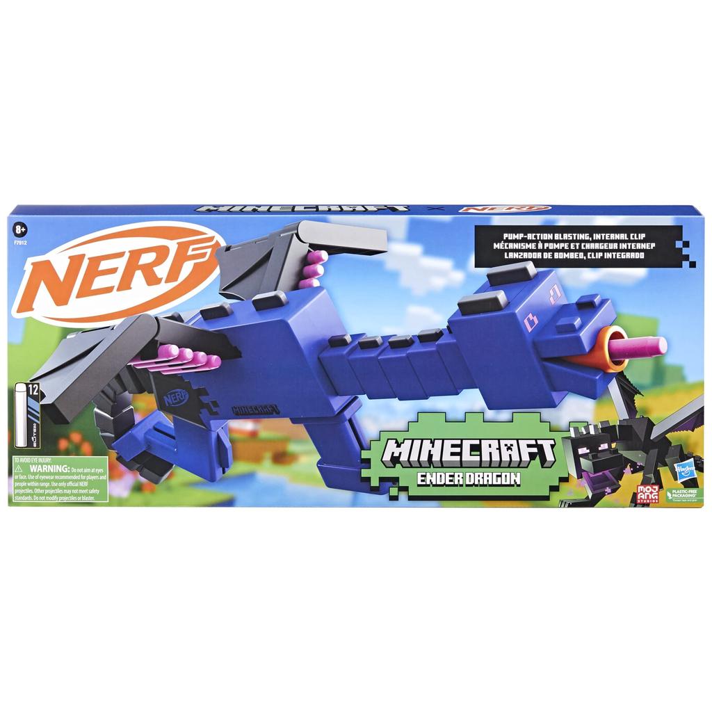 Nerf Minecraft Ender Dragon Blaster with a 4-dart clip and 12 Elite darts, featuring a Minecraft character design (F7912) - Authentic