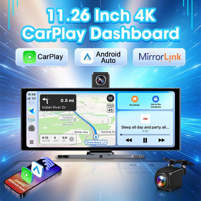 11.26 inch ADAS Car DVR 4K Dash cam Wireless Carplay Android Auto Bluetooth Dashboard Video Recorder Siri Voice Control FM AUX