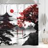 4 szt. - Zestaw zasłony prysznicowej z japońskimi kwiatami wiśni, Akwarelowe czarno-czerwone kwiaty Azjatycki Chiński Góra Słońce Anime Nowoczesna Łazienka