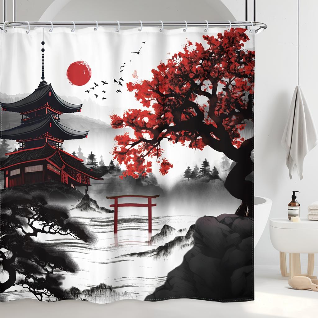 4 szt. - Zestaw zasłony prysznicowej z japońskimi kwiatami wiśni, Akwarelowe czarno-czerwone kwiaty Azjatycki Chiński Góra Słońce Anime Nowoczesna Łazienka