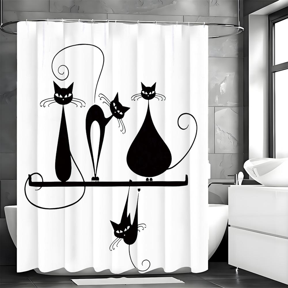 Black Cartoon Cat Shower Curtain, Bathroom Decorative Shower Curtain, Waterproof Shower Curtain with Hooks