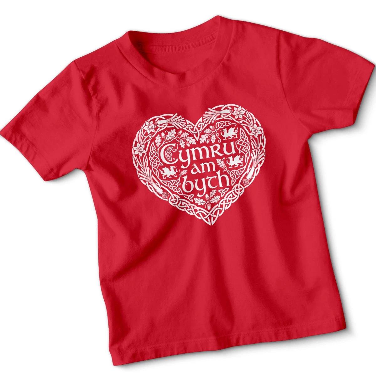 Cymru Am Byth Wales Forever Daffodil Heart Kids Welsh St Davids Day T Shirt S