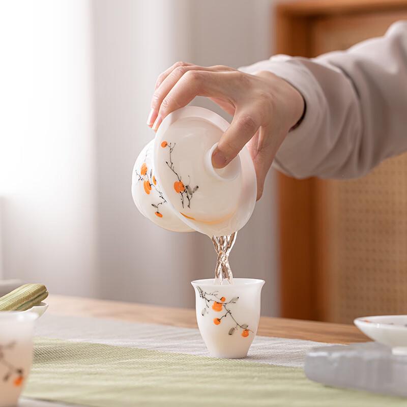 SUSHI CERAMICS Ice Jade Porcelain Tea Set - Persimmon Ruyi San Cai Gaiwan & 2 Teacups