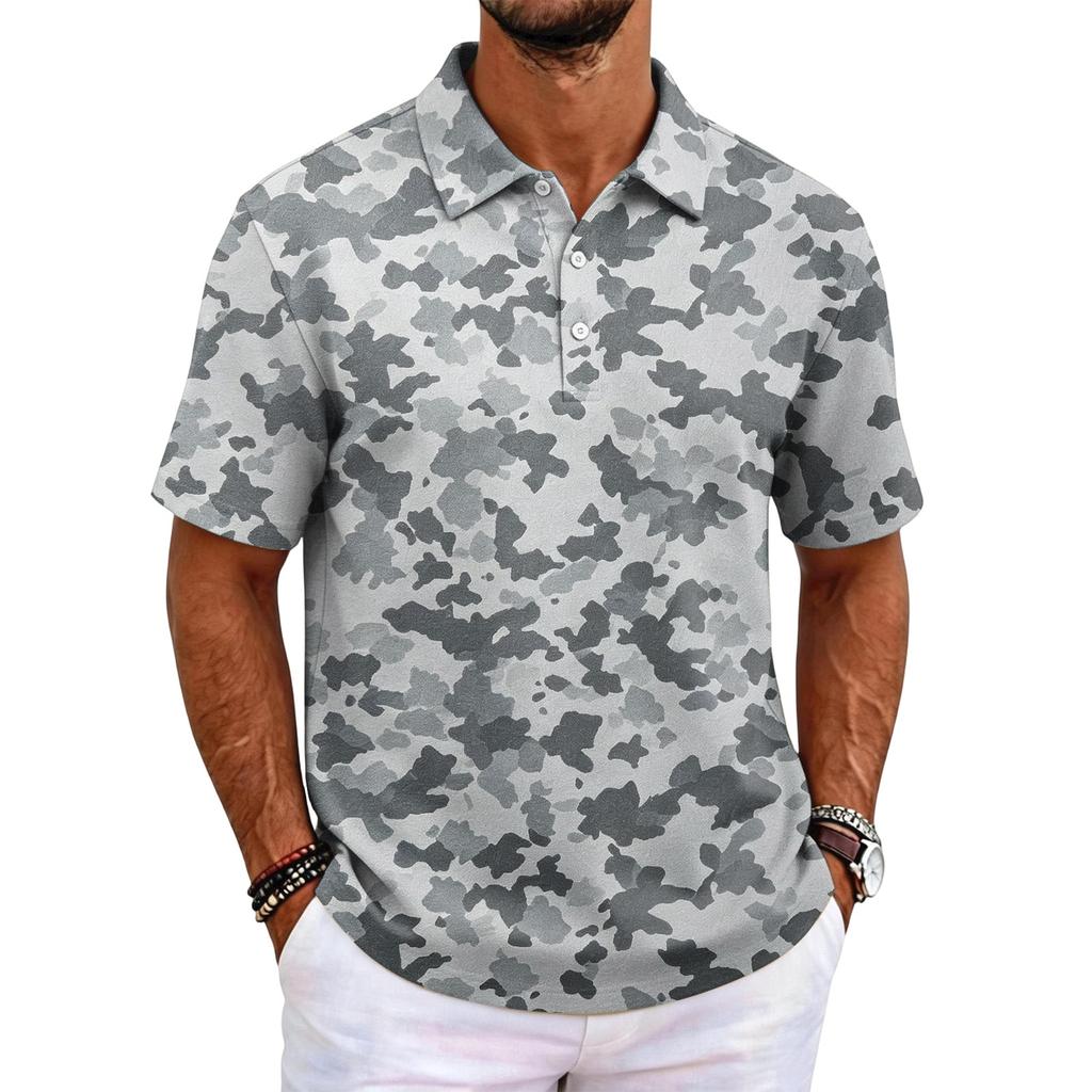 Men's Camouflage Polo Shirt Slim Fit Short Sleeve Business Casual Collar Buttoned Front Breathable Fabric Lightweight Design