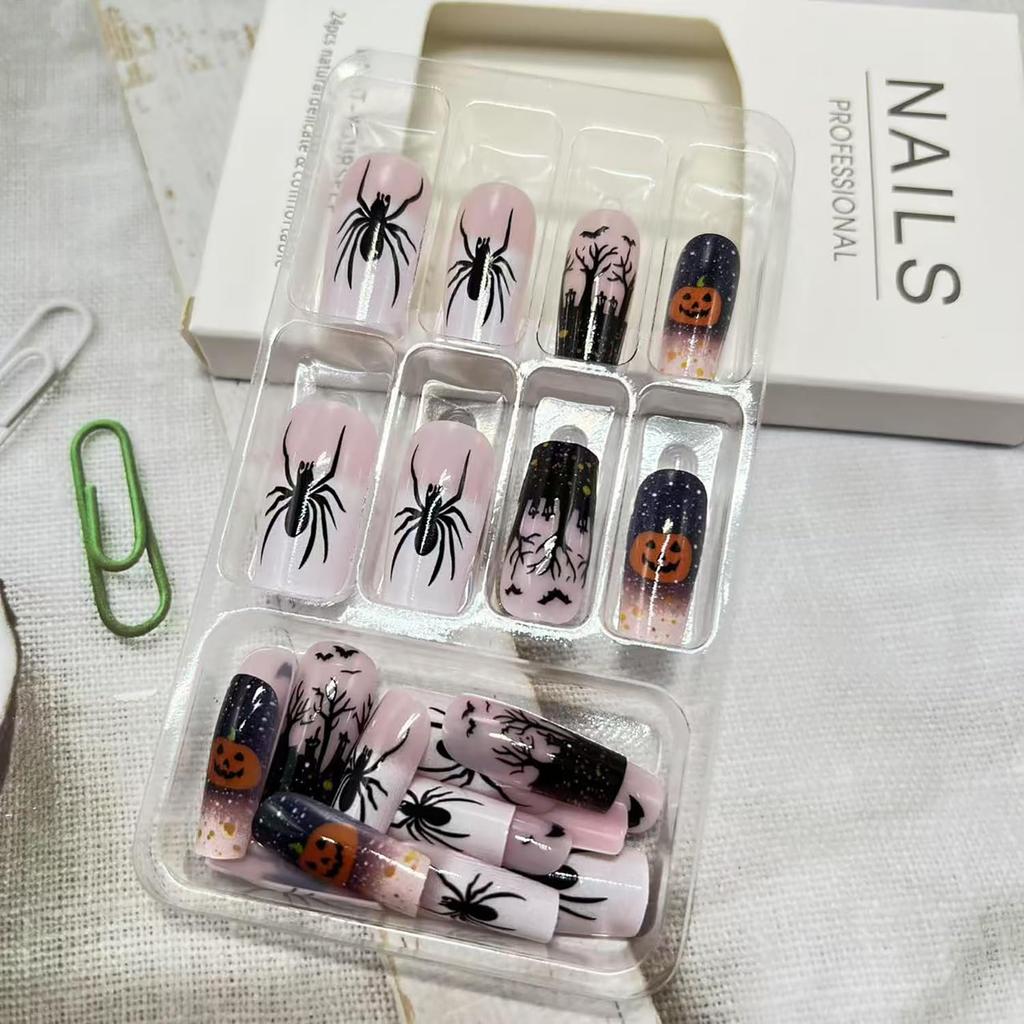 White French Tip Halloween Press on Nails Medium Square Fake Nails with Pumpkin Design Spider Bat False Nail Full Cover Glossy Acrylic Glue on Nail