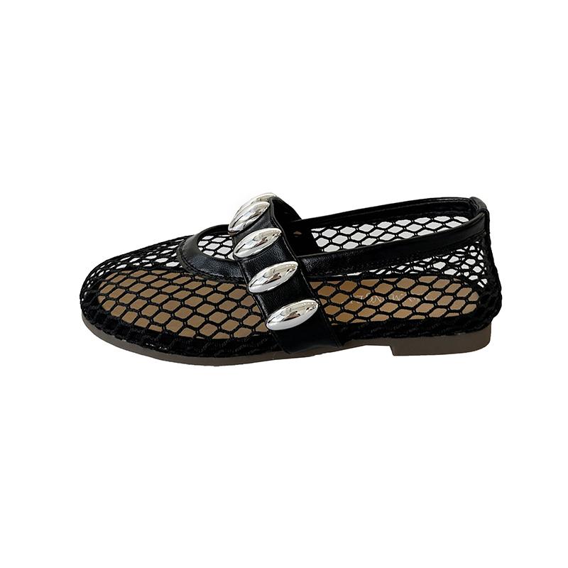 Fashion Hollow Fishnet Ballet Shoes Women's New Summer Flat Slip-on Metal Buckle One Strap Soft Sole Single Mesh Shoes