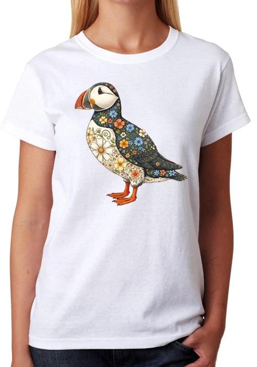 Floral Puffin Bird Artwork Ladies T-Shirt Cute Nature Animal Art Tee M