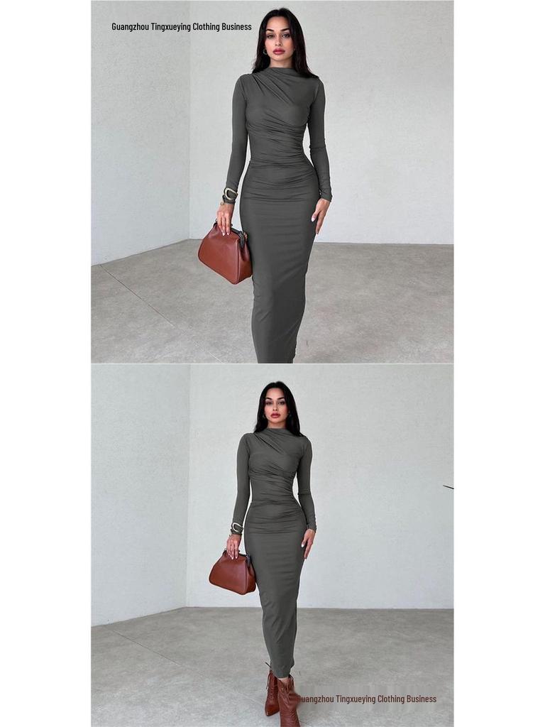 European Style Elegant Round Neck Long Sleeve Slim Fit Bodycon Dress