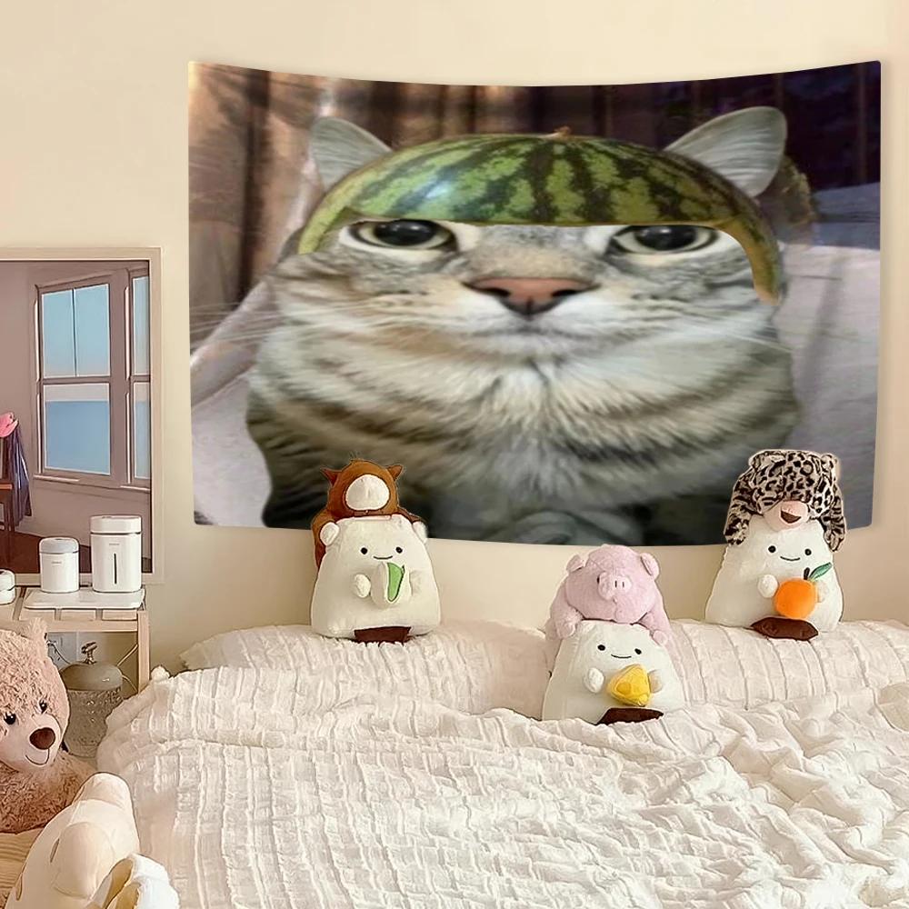Funny Cat Meme Tapestry Kawaii Animal Home Decor Wall Hanging Bedroom Dorm Background Festival Gift