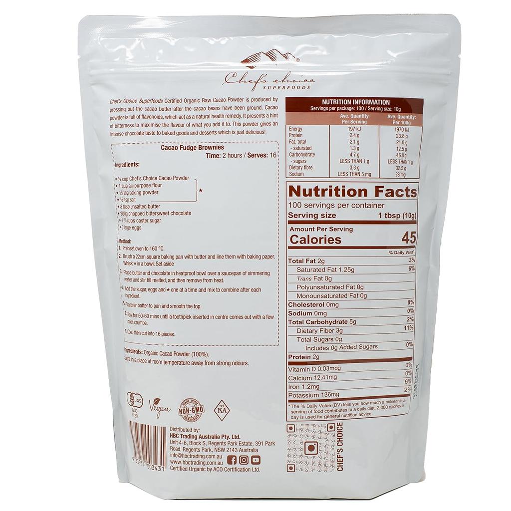 Choice Organic Raw Cacao Powder 1kg X 1 Chef's (3 Bag)
