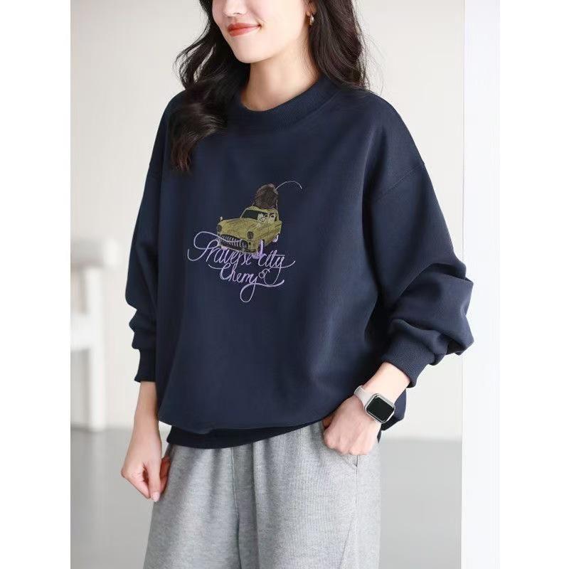 2025 Autumn Women's Cotton Round Neck Printed Casual Loose Slimming Long Sleeve Hoodie Top