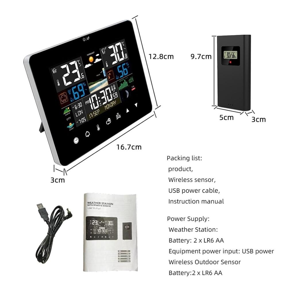 Stazione Meteo Digitale per Casa Interno Esterno, Ampio Display LCD Touch Screen, Monitor Temperatura e Umidità, Fase Lunare, Maree, Pressione Atmosferica e Allarme