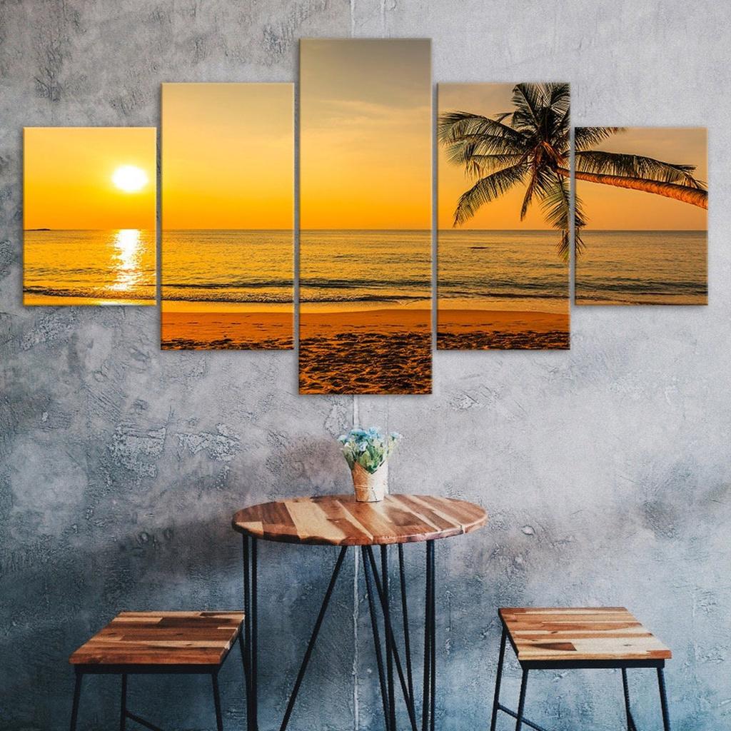 Palm Tree Beach Sunset 5 Piece Canvas Wall Art Multi Panel Print Modern Poster Home Decor Picture Gift For Him For Her