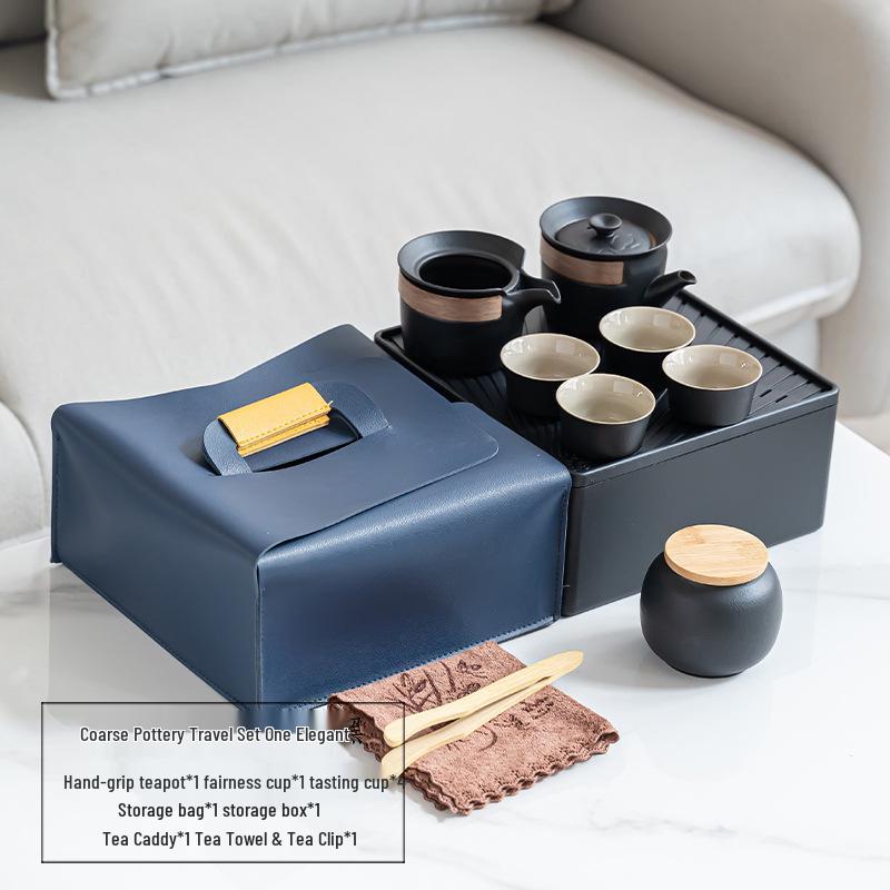 Elegant Portable Ceramic Tea Set with Wooden Tray: 1 Teapot & 4 Cups for Outdoor Adventures