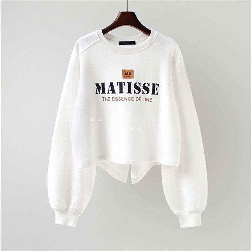 Women's 2023 Spring/Autumn Thin Loose Round Neck High Waist Short Sweatshirt with Back Slit