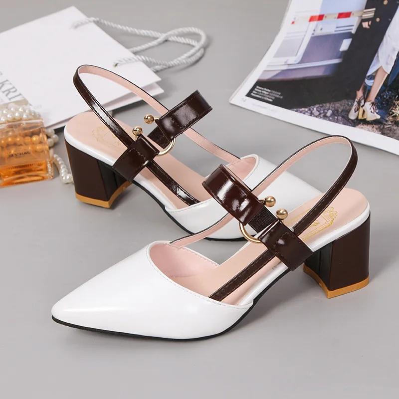 Sandals for women's summer 2024 new Korean version with pointed toe buckle and Roman shallow mouth thick heel high-heeled shoes