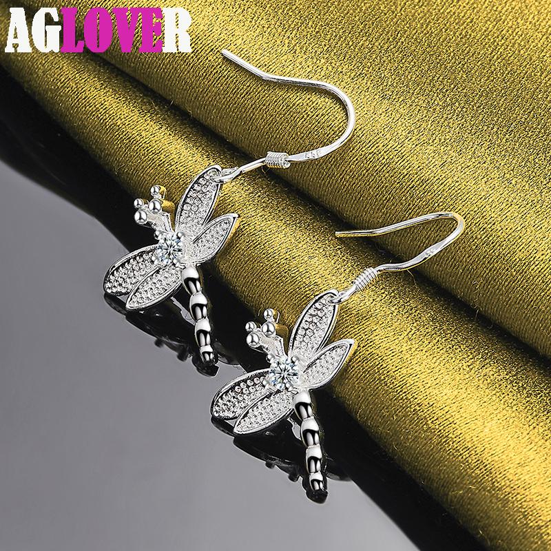 925 Sterling Sølv Dragonfly AAA Runde Zircon Drop øredobber smykker