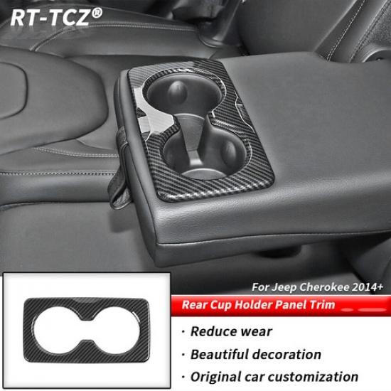 Interior Rear Cup Holder Panel Trim Cover For Jeep Cherokee 2014+ Carbon Fiber