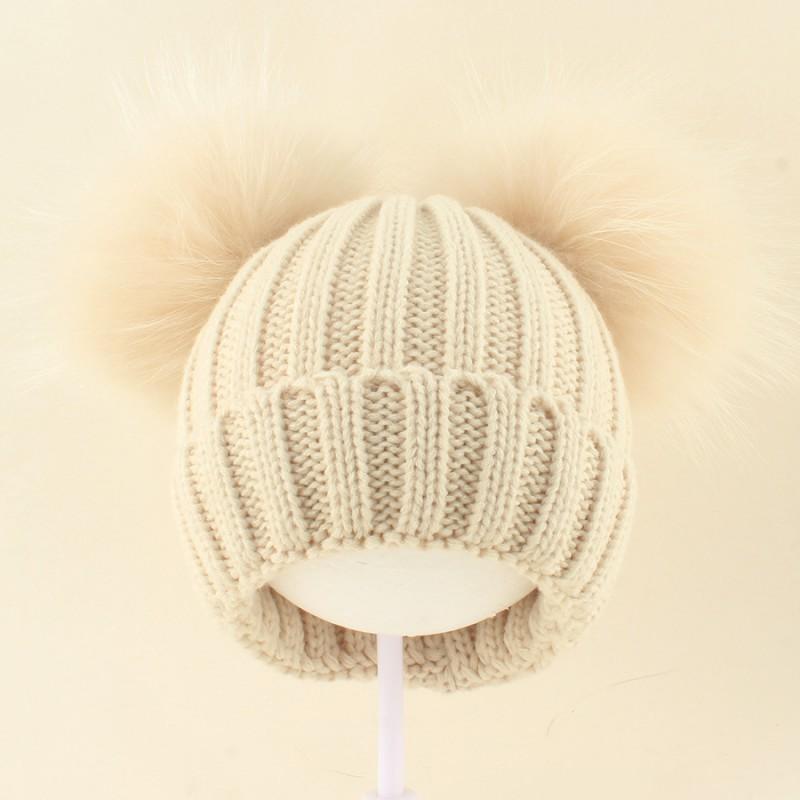 Kids Warm Knitted Beanie Hat With Double Pom Poms Striped Roll Edge Unisex Winter Cap Toddlers Children
