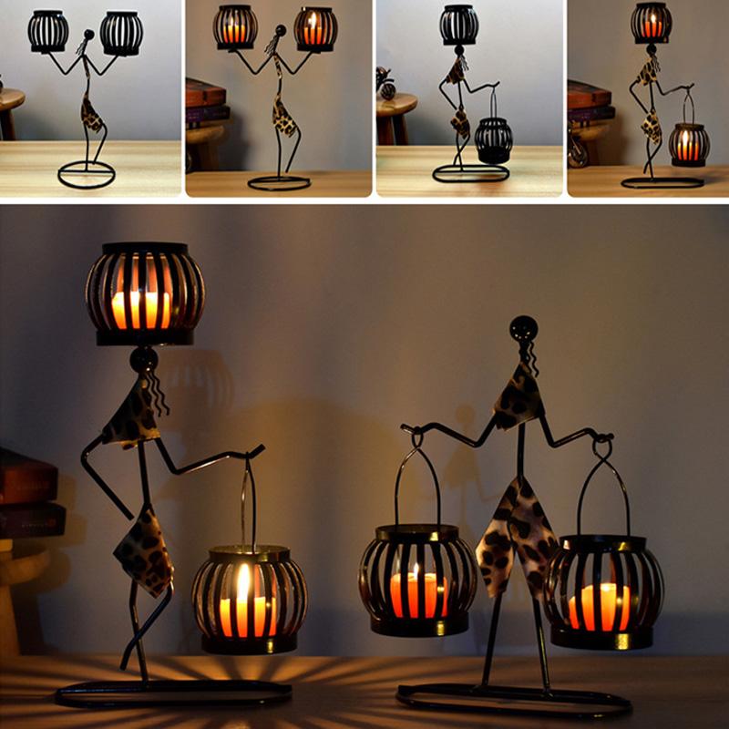 1PC Double Lantern Home Decor Leopard Print Person Abstract Character Sculpture Creative Metal Candlestick Candle Holder
