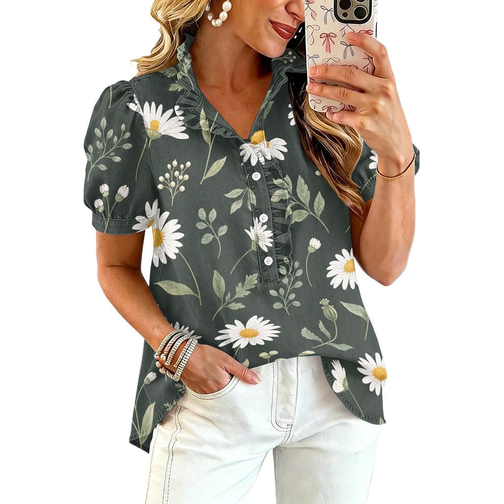 Blusa Stampata da Donna con Volant Scollo a V Manica Corta Casual Vestibilità Larga Bottoni Top Leggero per l'Uso Quotidiano
