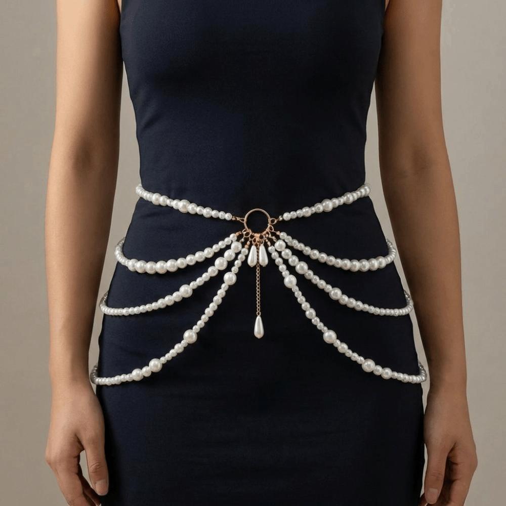 Golden Multilayer Body Chain Y2K Beadeds Body Chain Fashion Pearl Waist Chain Character Playing
