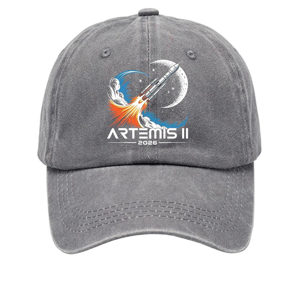 Washed Cotton Baseball Cap Vintage Style Soft Top Denim Hat with Printed Rocket and Moon Design Adjustable Closure for Casual Wear