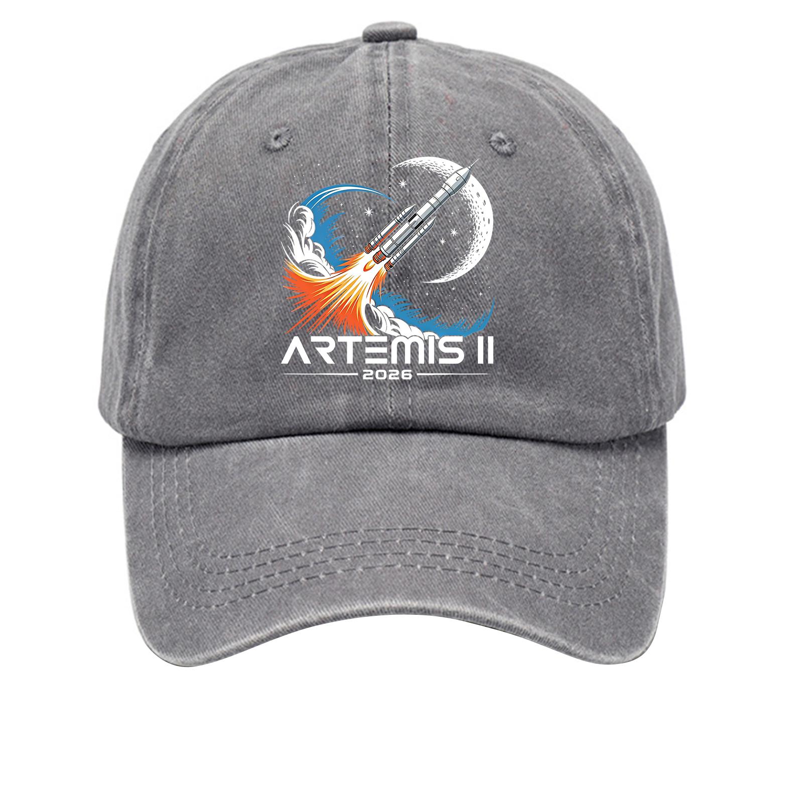 

Washed Cotton Baseball Cap Vintage Style Soft Top Denim Hat with Printed Rocket and Moon Design Adjustable Closure for Casual Wear One Size