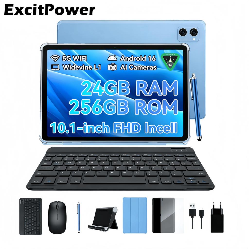 ExcitPower T20 Android 16 24GB RAM 256GB ROM Tablet 10.1 Pollici Display FHD Octa Core UMS9230 T606 Tablet PC con Tastiera