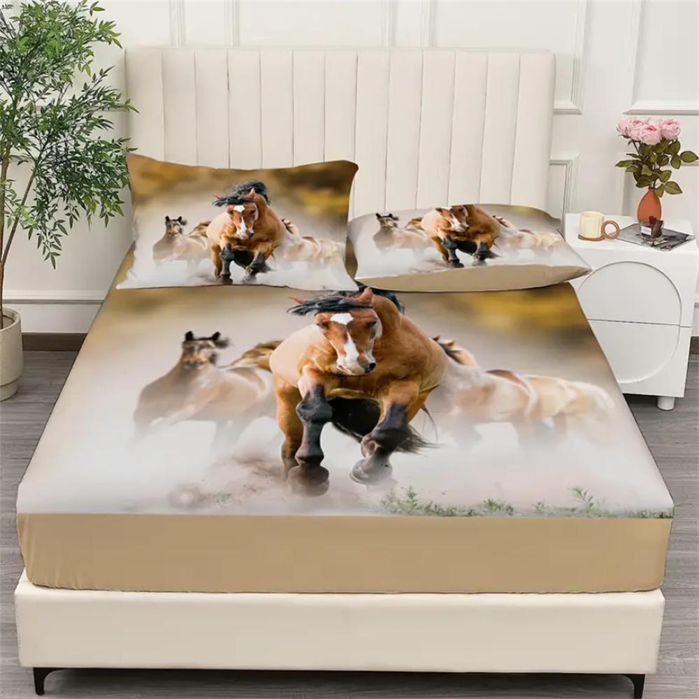 2/3pcs Vibrant Horse Natural Animal Sand Print Fitted Sheet Set - Soft 100% Polyester Material, Breathable, Hypoallergenic