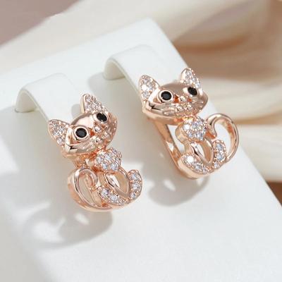 1 Paio Orecchini Moda Retro Gatto Carino per Donna Colore Oro Zircone Micro Incastonatura a Cera Festa Gioielli Fini