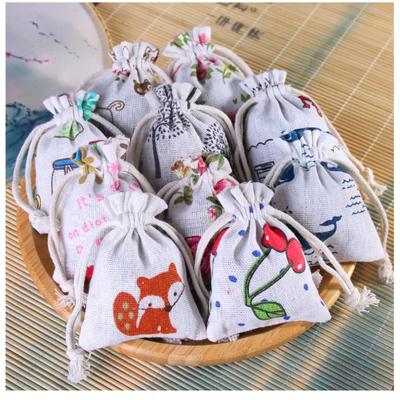 10pcs/lot Linen Drawstring Pocket Cute Pattern Printed DIY Wedding Candy Storage Bag Travel Makeup Cloth Shoes Sundries Storage
