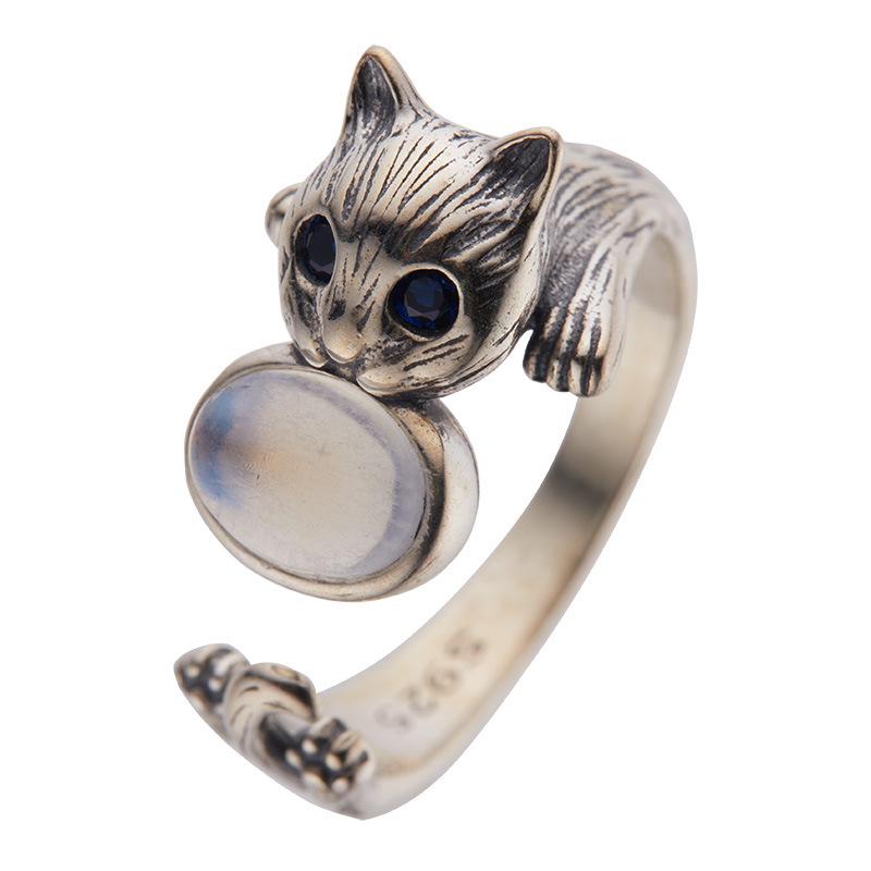 Retro Color Treasure Lucky Cat Ring Jewelry 925 Sterling Silver Inlaid Natural Moonstone Gemstone Ring Female Personality