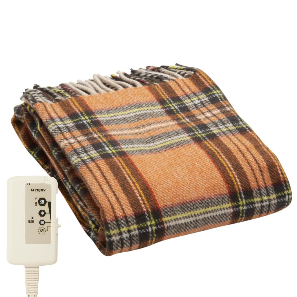 LifeJoy Electric Throw, Made in Japan, Orange Checkered Pattern, 140cm x 82cm, Washable, Fluffy, Warm, JPN141DC