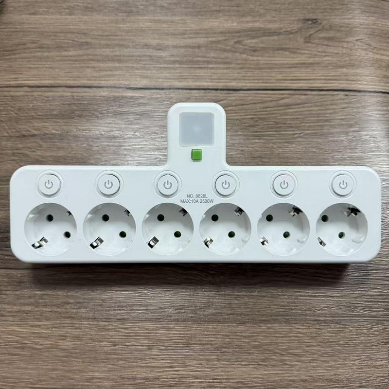 

Євровилка Подовжувач Розетки змінного струму Порти USB Type-C Дві специфікації Незалежний вимикач з маленьким нічним світлом 【A】Jack*6 білий