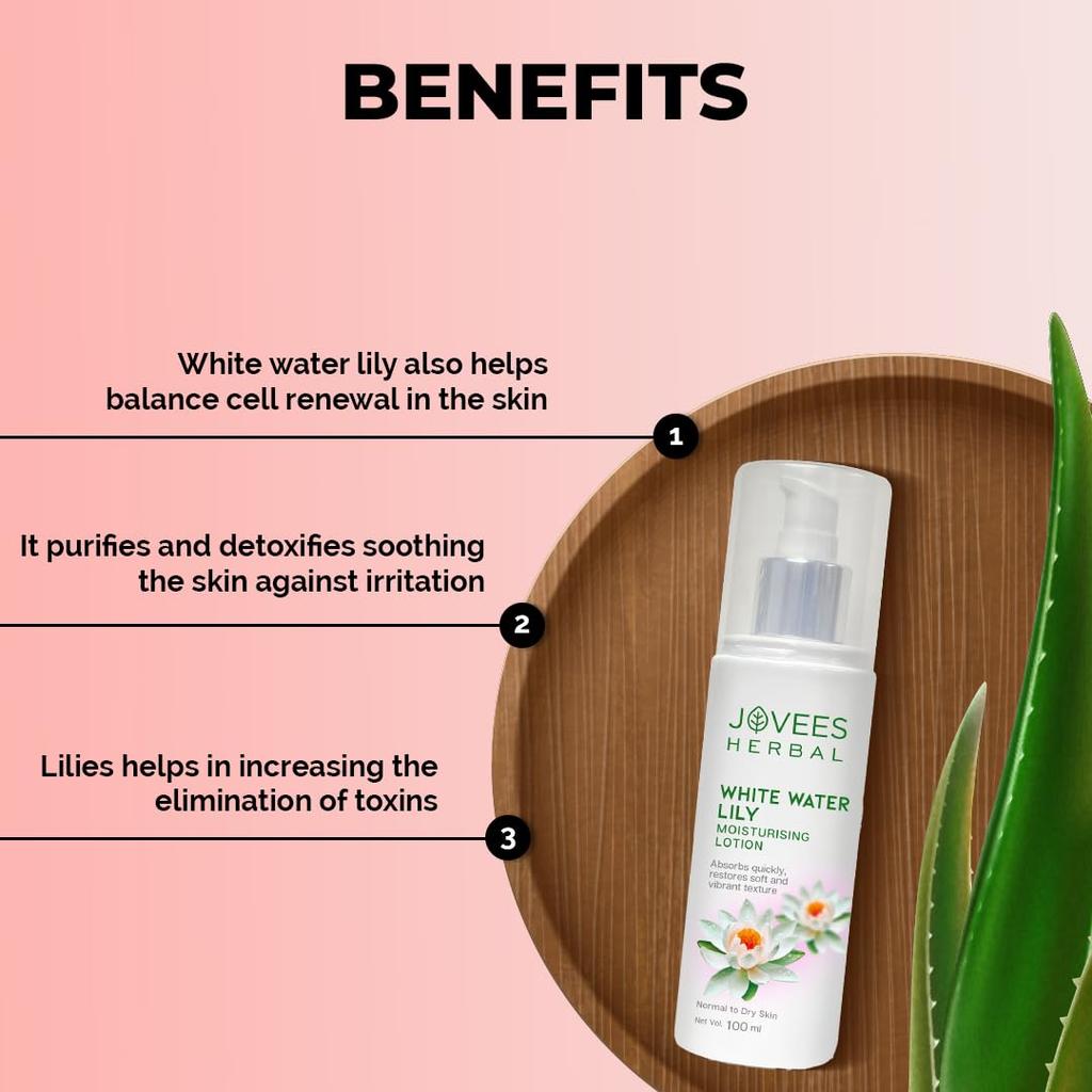 Jovees Herbal White Water Lily Moisturizing Lotion 100ml For Soft Hydrated Nourished Skin Lightweight Non-Sticky