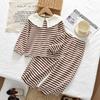 Korean Style Striped Suit: Girls' Big Lapel Doll Top & Long Pants Two-Piece Set for Spring and Autumn