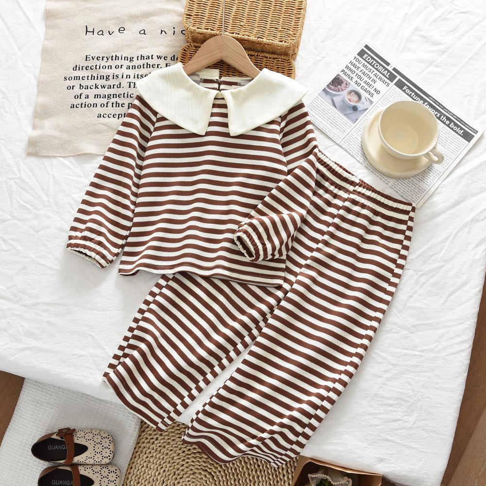 

Korean Style Striped Suit: Girls Big Lapel Doll Top & Long Pants Two-Piece Set for Spring and Autumn 6Y/130