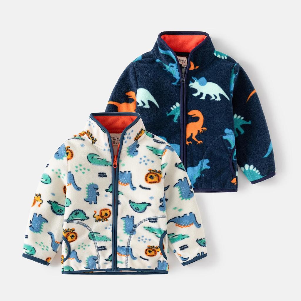 Kids’ Printed Fleece Jacket - Boys' & Girls' Warm Top, Stand Collar Cardigan for Autumn and Winter