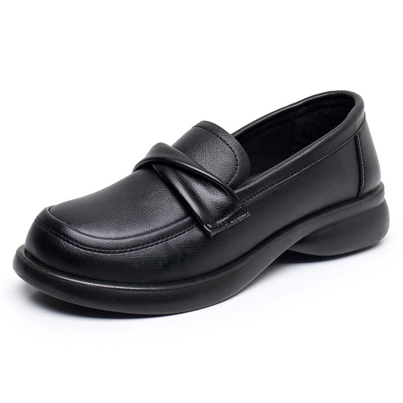 Women's Black Leather Loafers - Soft Sole, Flat Bottom, British Style Slip-on for Work & Commute