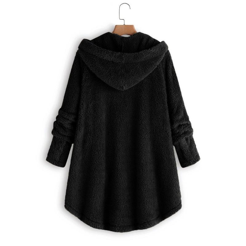 Women S Solid Color Hooded Button Plush Casual Coat