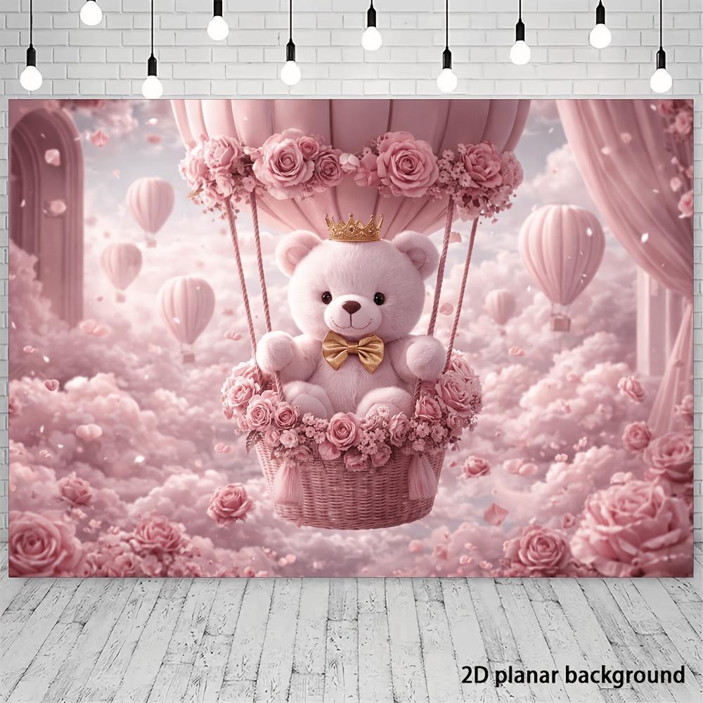 1Pcs Pink Teddy Bear Hot Air Balloon Decoration Background Backdrop For Photo Studio Photo Booth Party