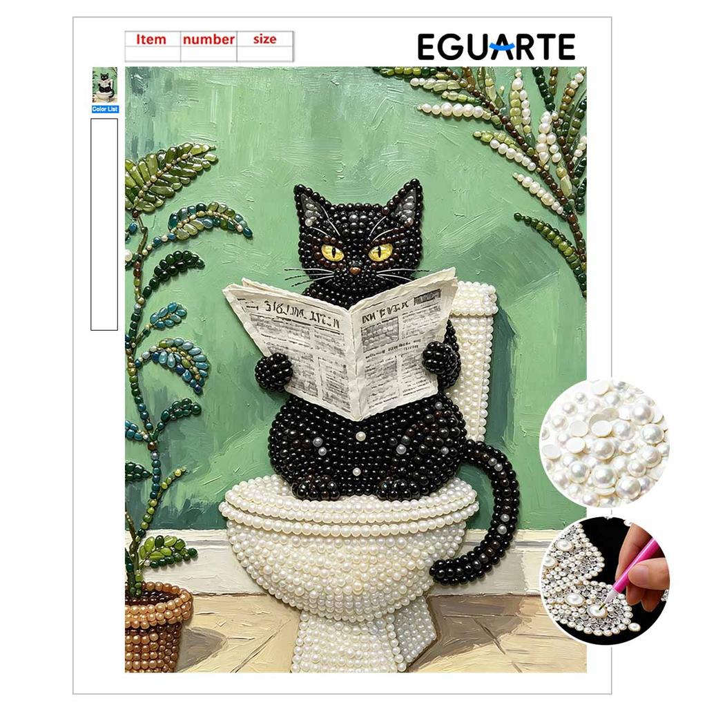 Framed Pearl Art DIY Kit with Funny Reading Black Cat Pattern 3D Sparkling Bead Canvas Painting Handmade Gift for Home Decoration