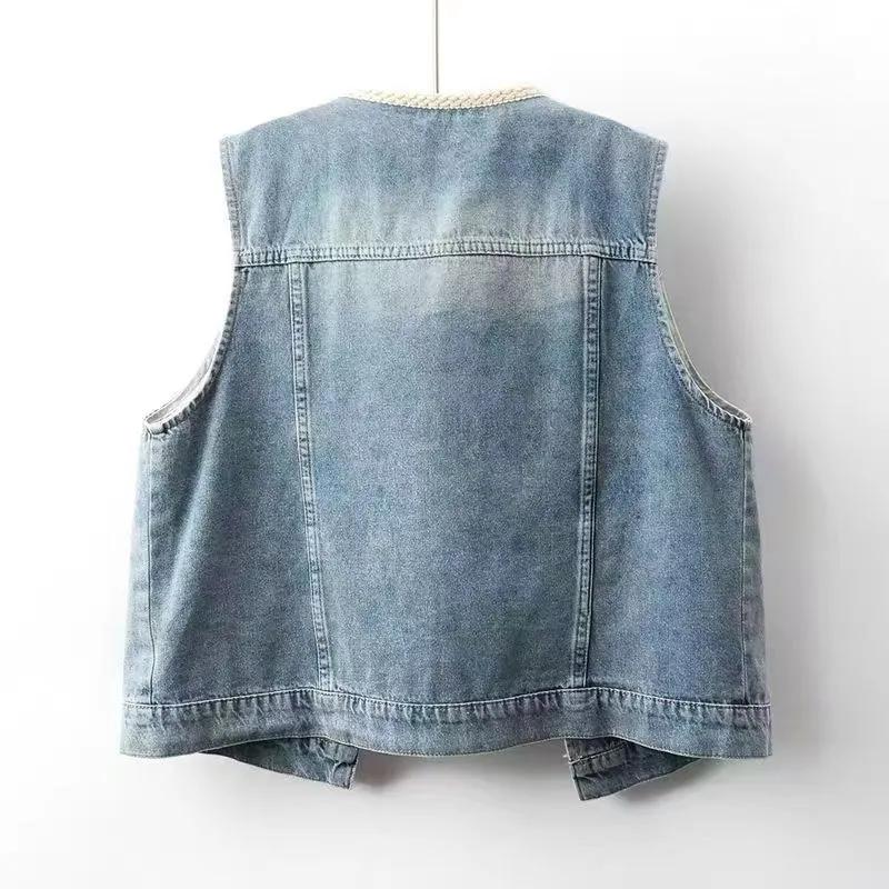 Spring Summer Women Fashion Denim Sleeveless Coat Korean Ladies Cowboy Waistcoat Tops Female Short Hole Jeans Vest Jacket
