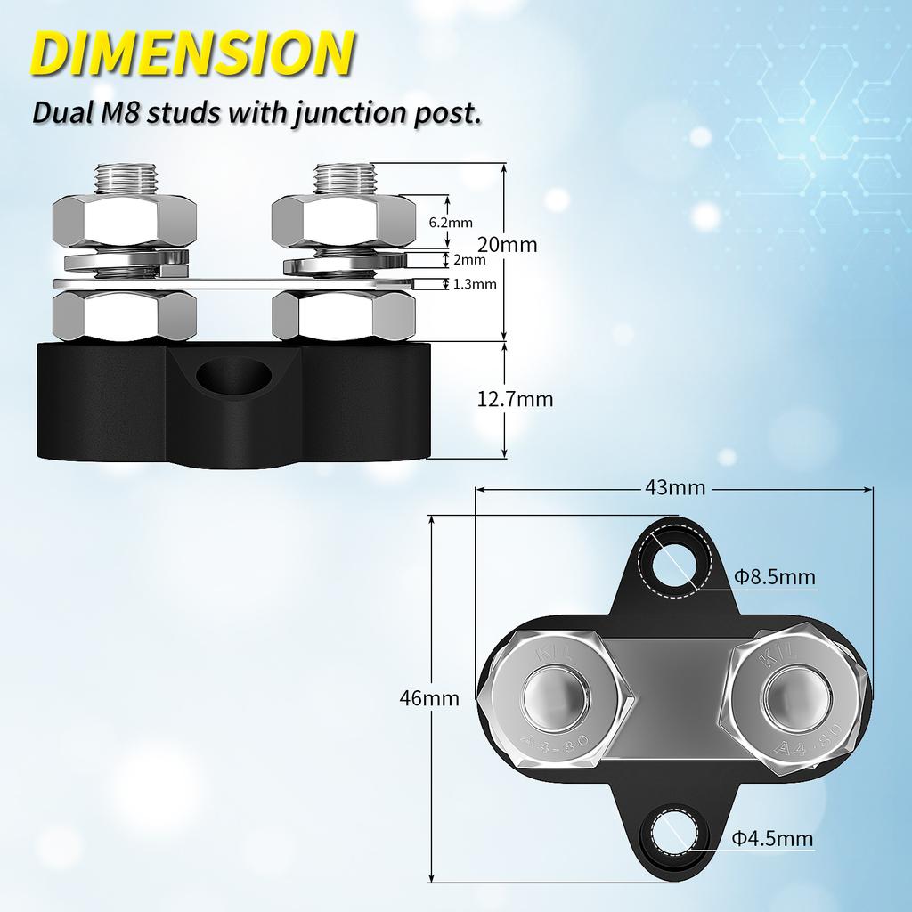 DaierTek 5/16" Terminal Block Studs M8 48V Junction Block Bus Bar Insulated Dual Power Distribution Stud Positive Negative RV