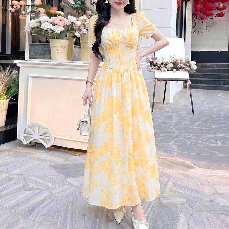ZANZEA Women Elegant Square Collar Casual Short Sleeve Print Long Dress