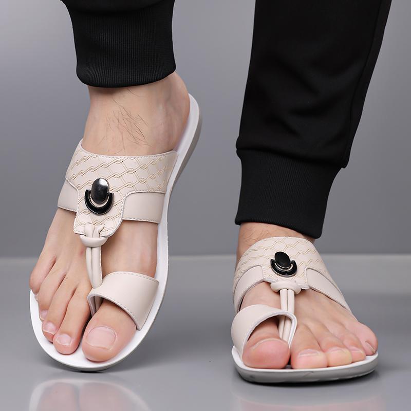 Men Black Leather Slippers Simple Flats Summer White Flip Flops Outdoor Sandals Open Toe Beach Shoes Plus Size